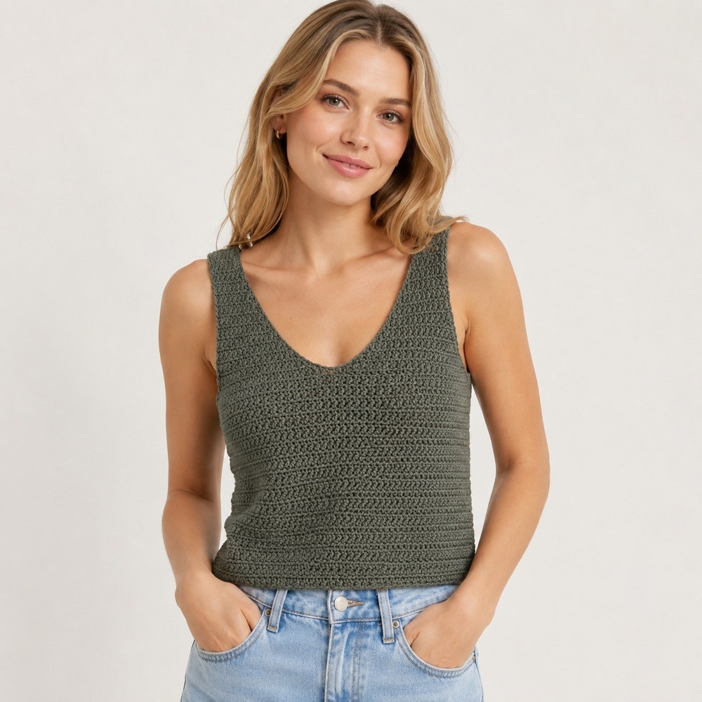 Crochet Knit Tank Top Womens Small Olive Green Boho Cropped Sleeveless